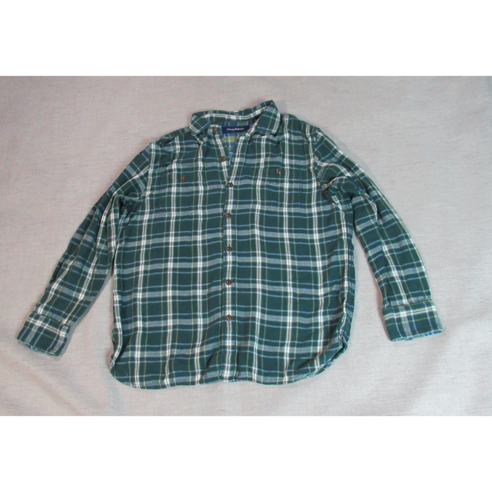 Tommy Bahama Shirt Mens Medium Green Plaid Flannel Button Cabincore Lumberjack